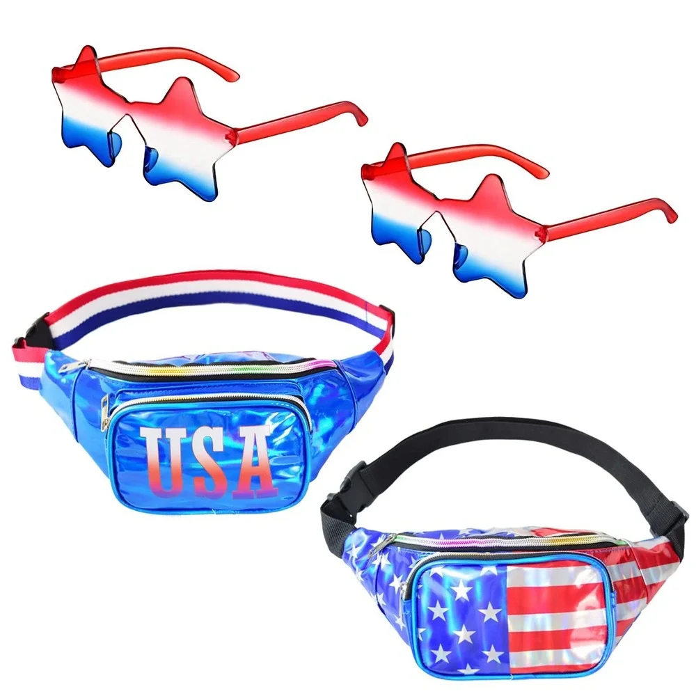 NWT 4pc USA Flag Fanny Packs & Star Sunglasses 4th of July Patriotic Set